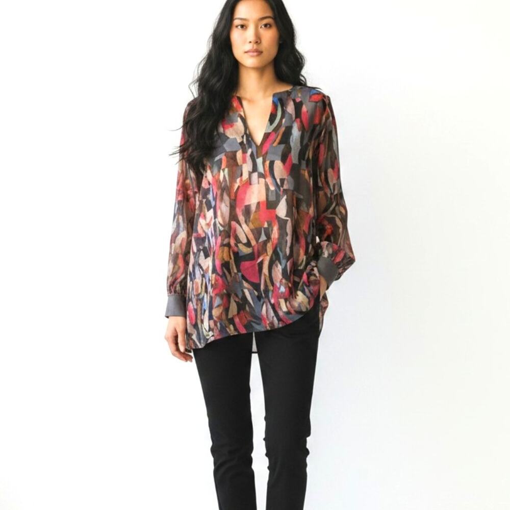 Lafayette 148 New York Shirt Womens Medium Multi LS Pure Silk Lightweight Blouse